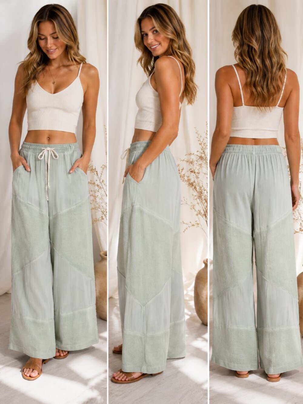 POL Sage Green Wide Leg Lounge Pants M/L Drawstring Pockets Lightweight